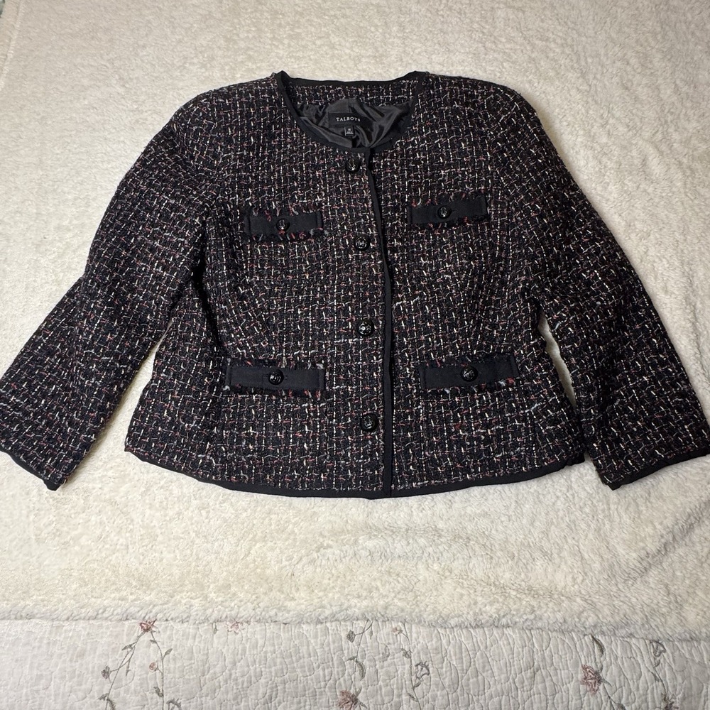 Talbots Women's Size 14 Black Multicolor Tweed Boucle Jacket Blazer